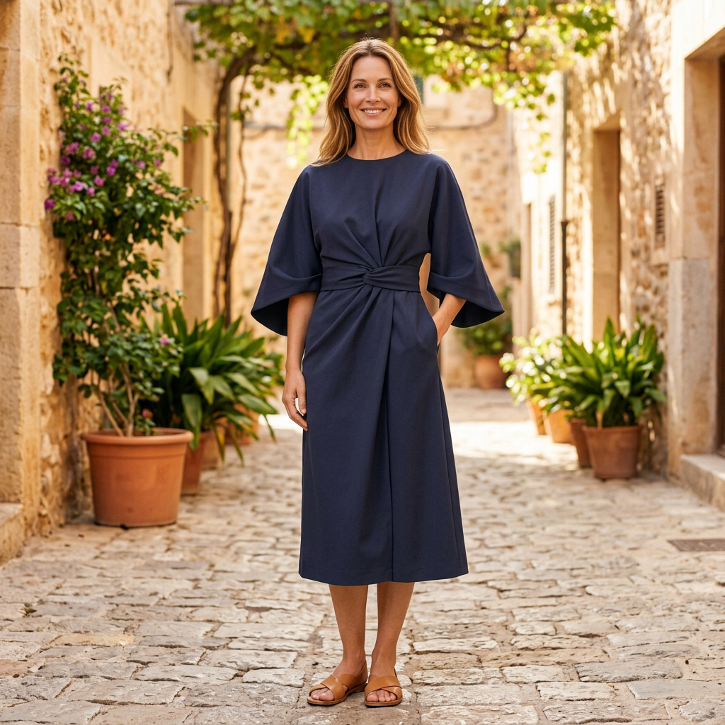 Women's Midi Dress | Lantern Sleeve Wrap Belted Navy Blue front view