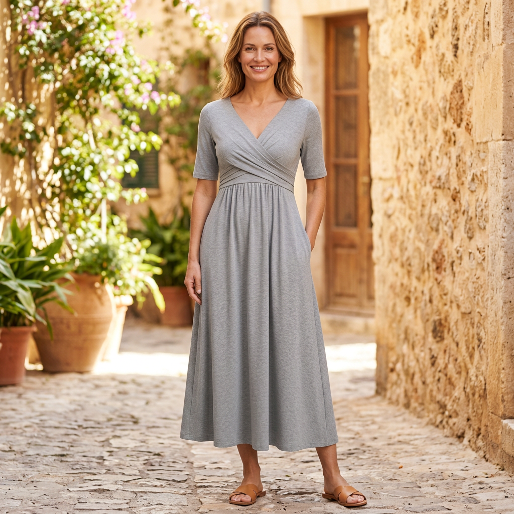 Women's Midi Dress | Crossover V-Neck Empire Waist Gray front view