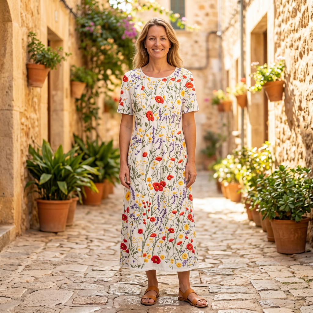Women's Midi Dress | Floral Embroidered Round Neck Short Sleeve White front view