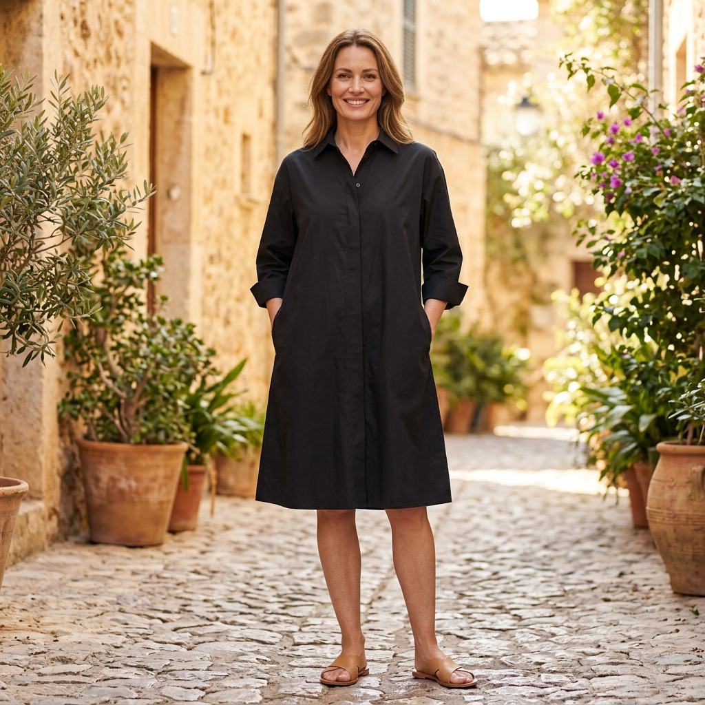 Women's Shirt Midi Dress | Collared A Line Button Up Black front view