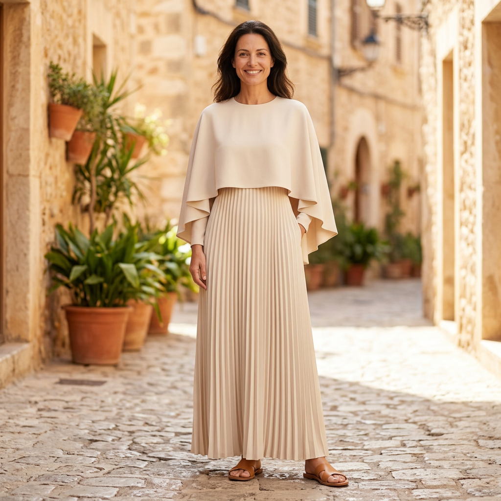 Women's Maxi Dress | Pleated Cape Overlay Long Sleeve Beige front view