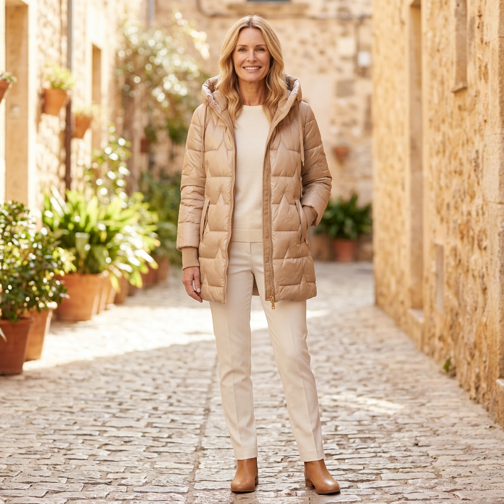 Women's Winter Jacket | Diamond Quilted Hooded Mid Thigh Beige front view