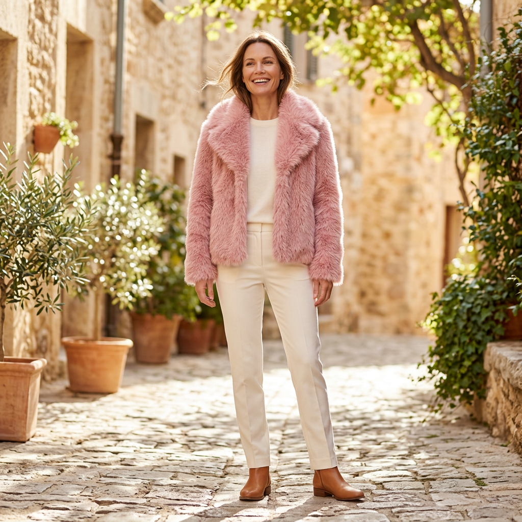 Women's Winter Jacket | Cropped Faux Fur Open Front Pink front view