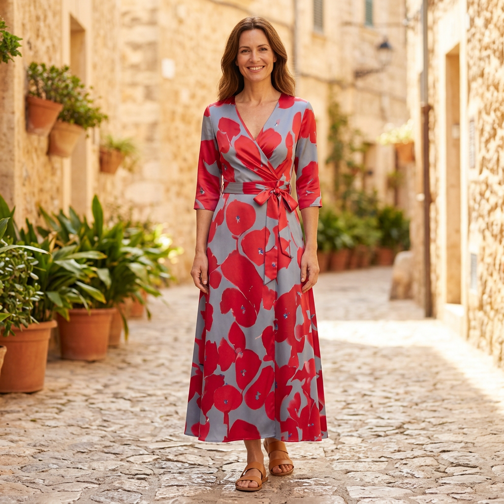 Women's Maxi Dress | Floral V-Neck Belted Wrap Red/Blue front view