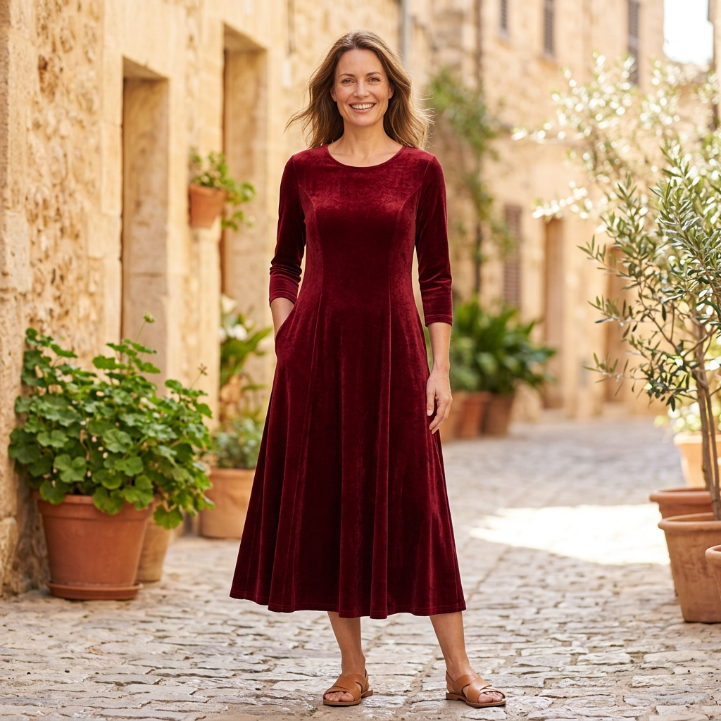 Women's Maxi Dresses | Velvet Long Sleeve A Line Scoop Neck Red front view