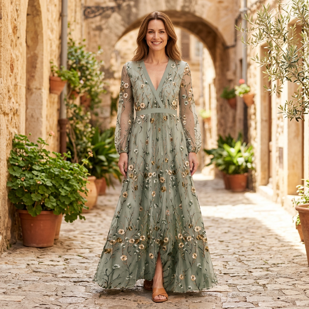 Women's Maxi Dress | Floral Kimono Sleeve V-Neck Blue front view