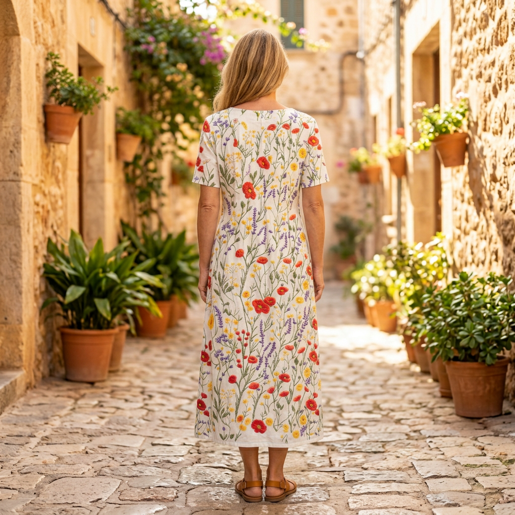 Women's Midi Dress | Floral Embroidered Round Neck Short Sleeve White back view