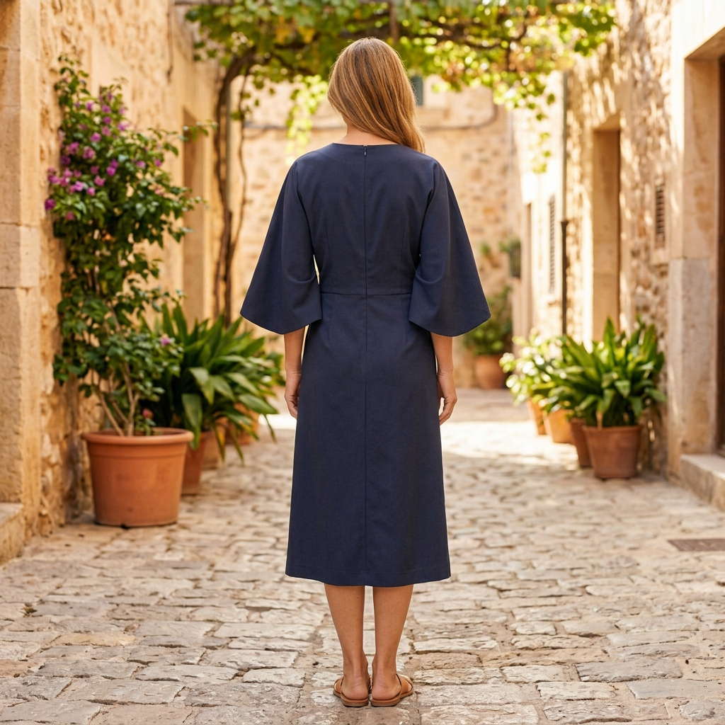 Women's Midi Dress | Lantern Sleeve Wrap Belted Navy Blue back view