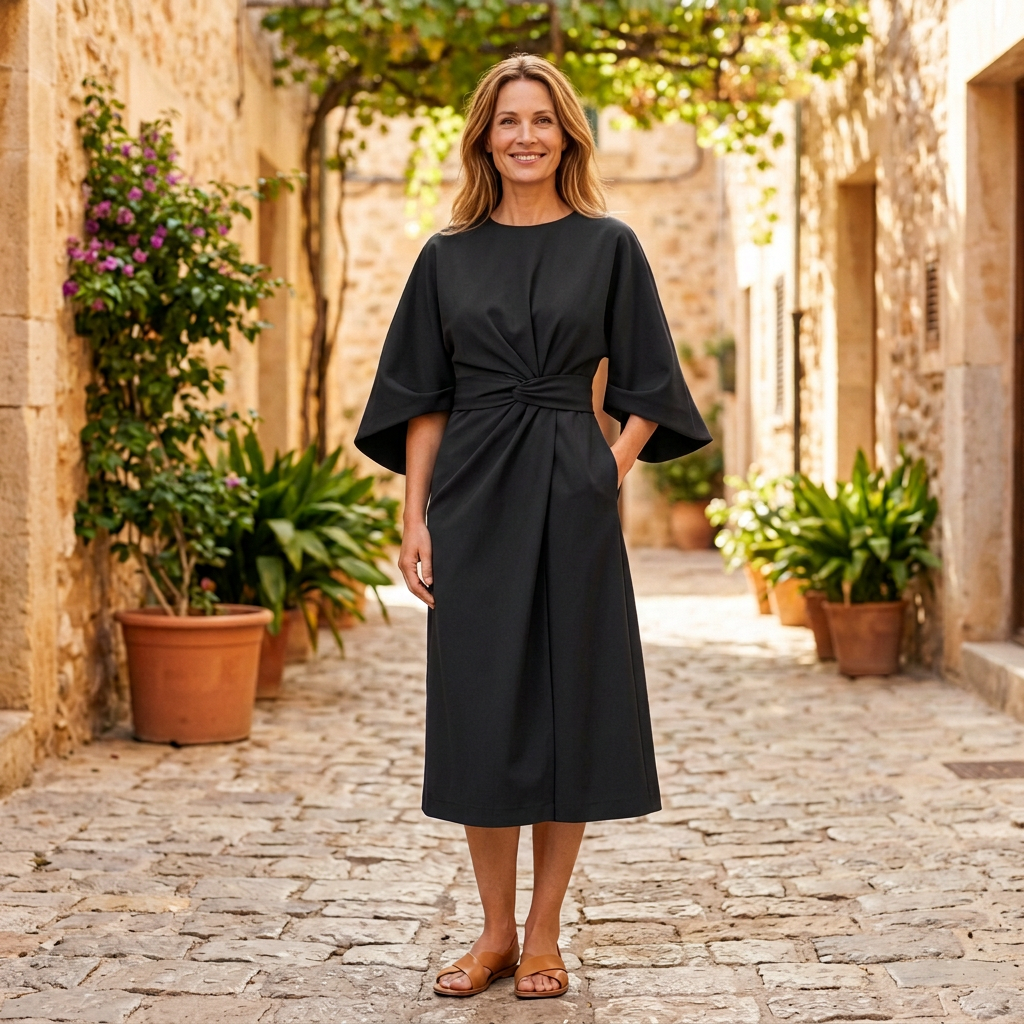 Women's Midi Dress | Lantern Sleeve Wrap Belted Black front view