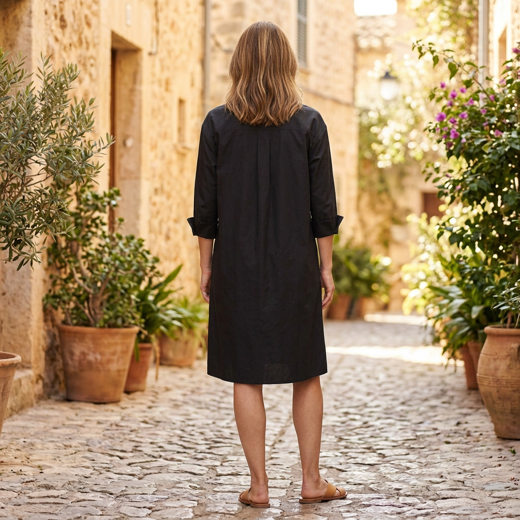 Women's Shirt Midi Dress | Collared A Line Button Up Black back view
