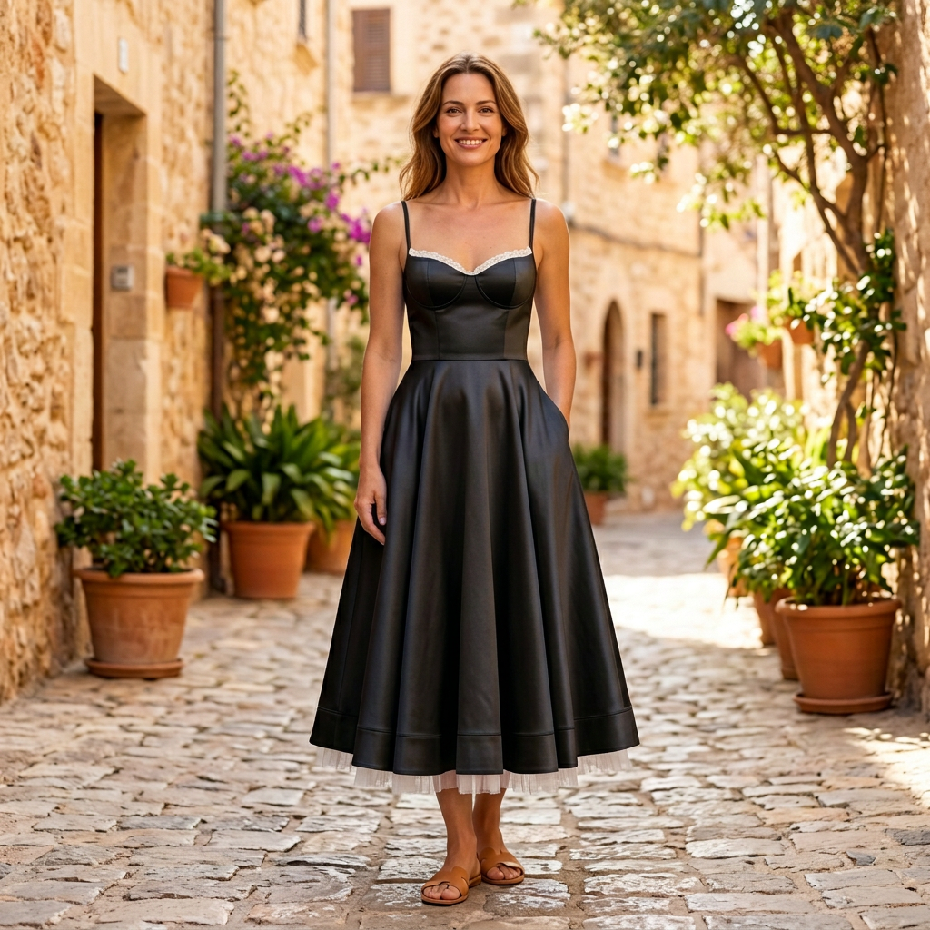 Women's Midi Dress | Sweetheart Bustier Flared Satin Black front view