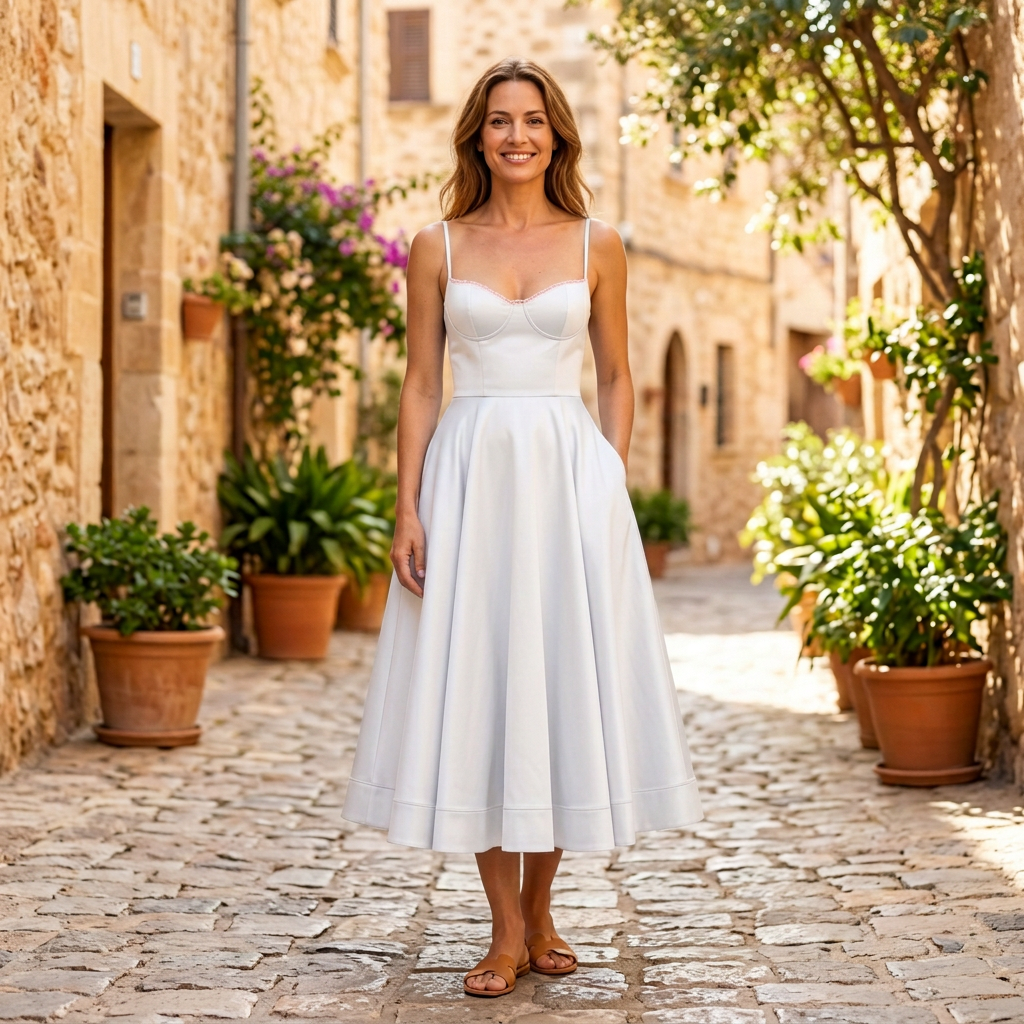 Women's Midi Dress | Sweetheart Bustier Flared Satin White front view