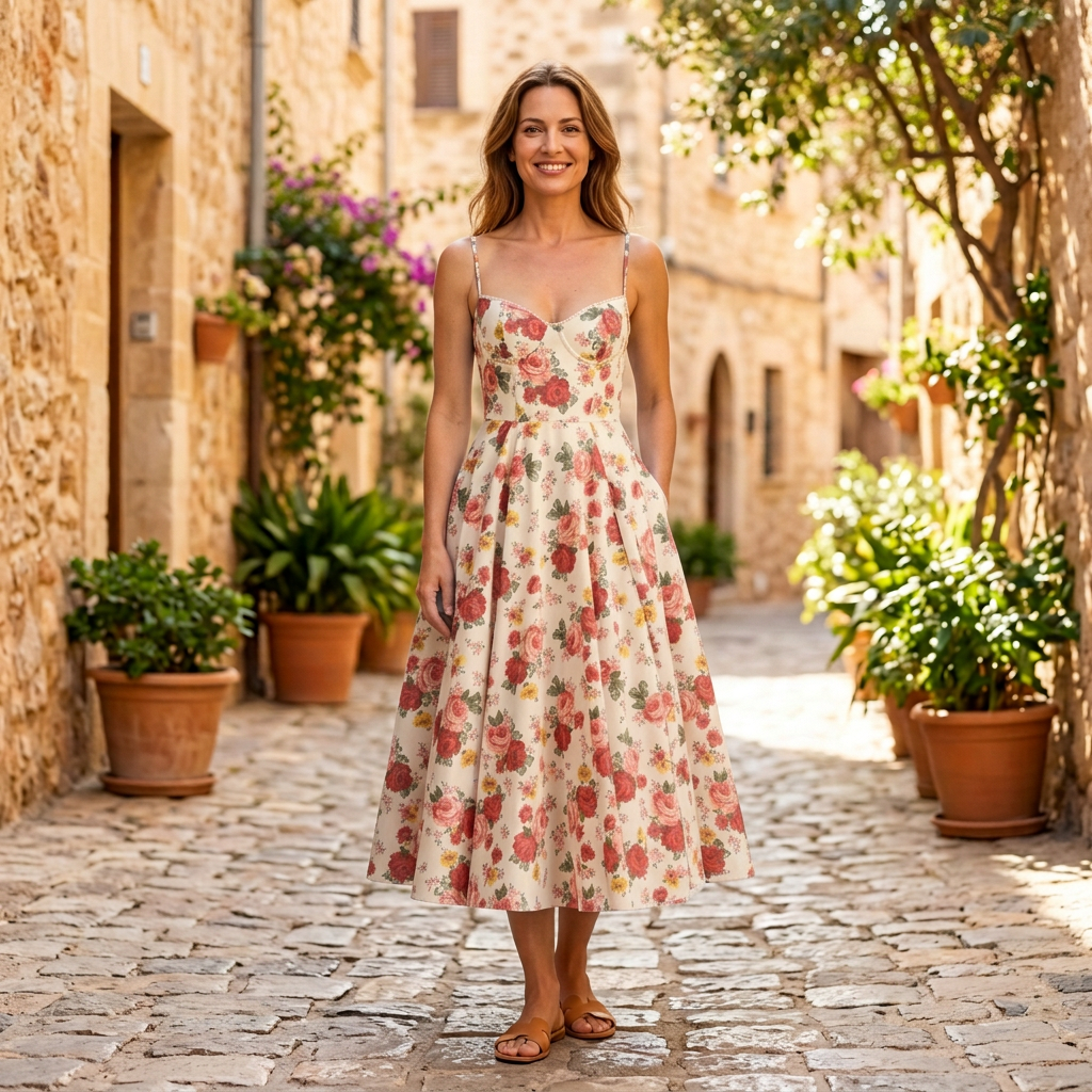 Women's Midi Dress | Sweetheart Bustier Flared Satin Floral front view