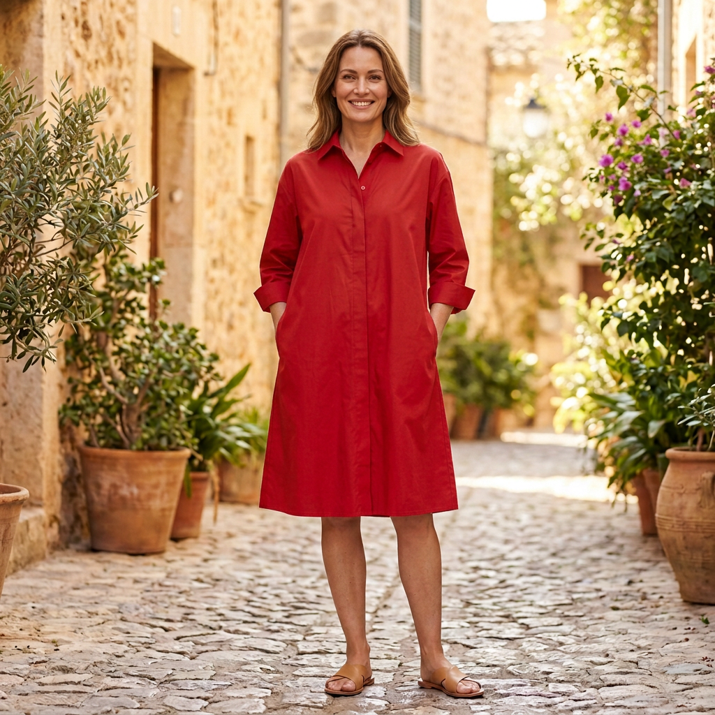 Women's Shirt Midi Dress | Collared A Line Button Up Red front view