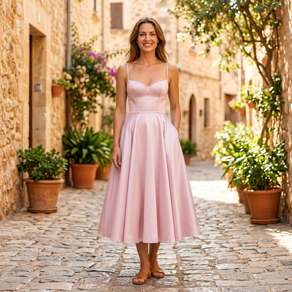 Women's Midi Dress | Sweetheart Bustier Flared Satin Pink front view