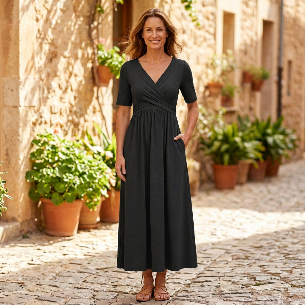 Women's Wrap Midi Dress | Pockets Gathered Waist Black front view