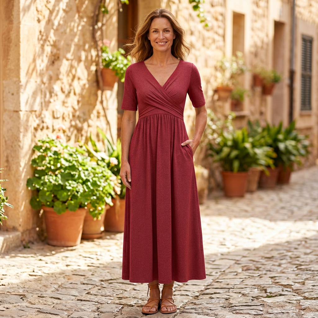 Women's Wrap Midi Dress | Pockets Gathered Waist Red front view