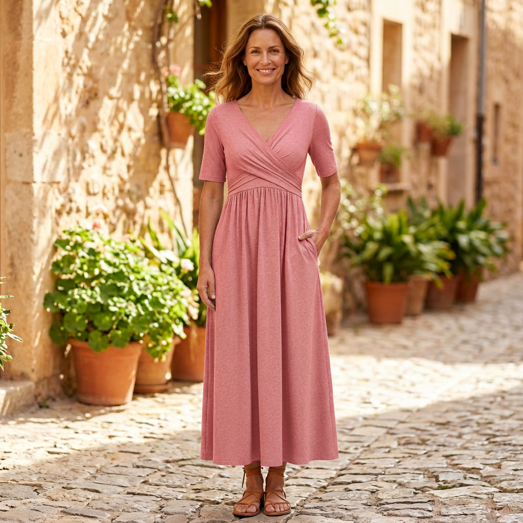 Women's Wrap Midi Dress | Pockets Gathered Waist Pink front view