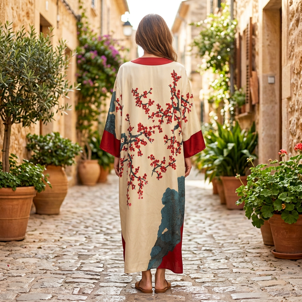 Women's Maxi Dress | Red Floral Branch Batwing V-Neck Red back view