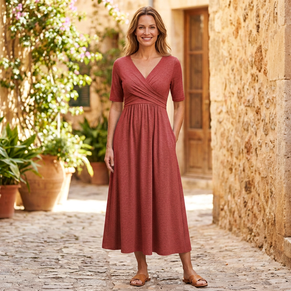 Women's Midi Dress | Crossover V-Neck Empire Waist Red front view
