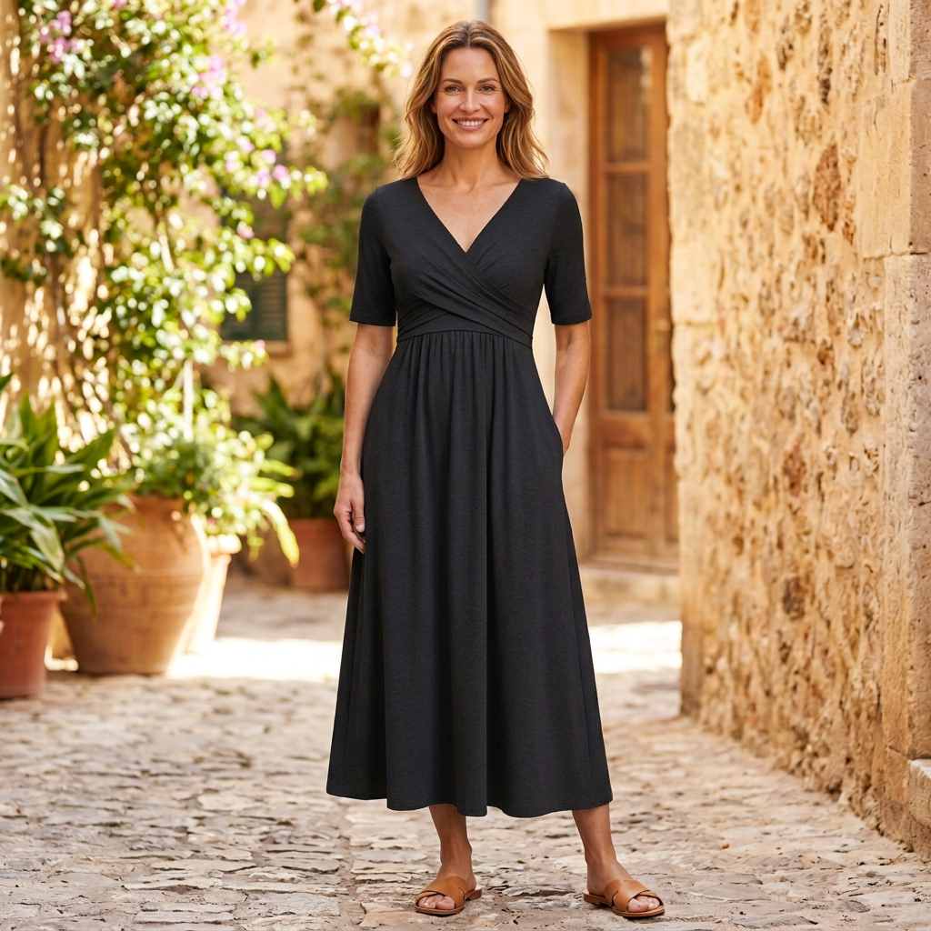 Women's Midi Dress | Crossover V-Neck Empire Waist Black front view
