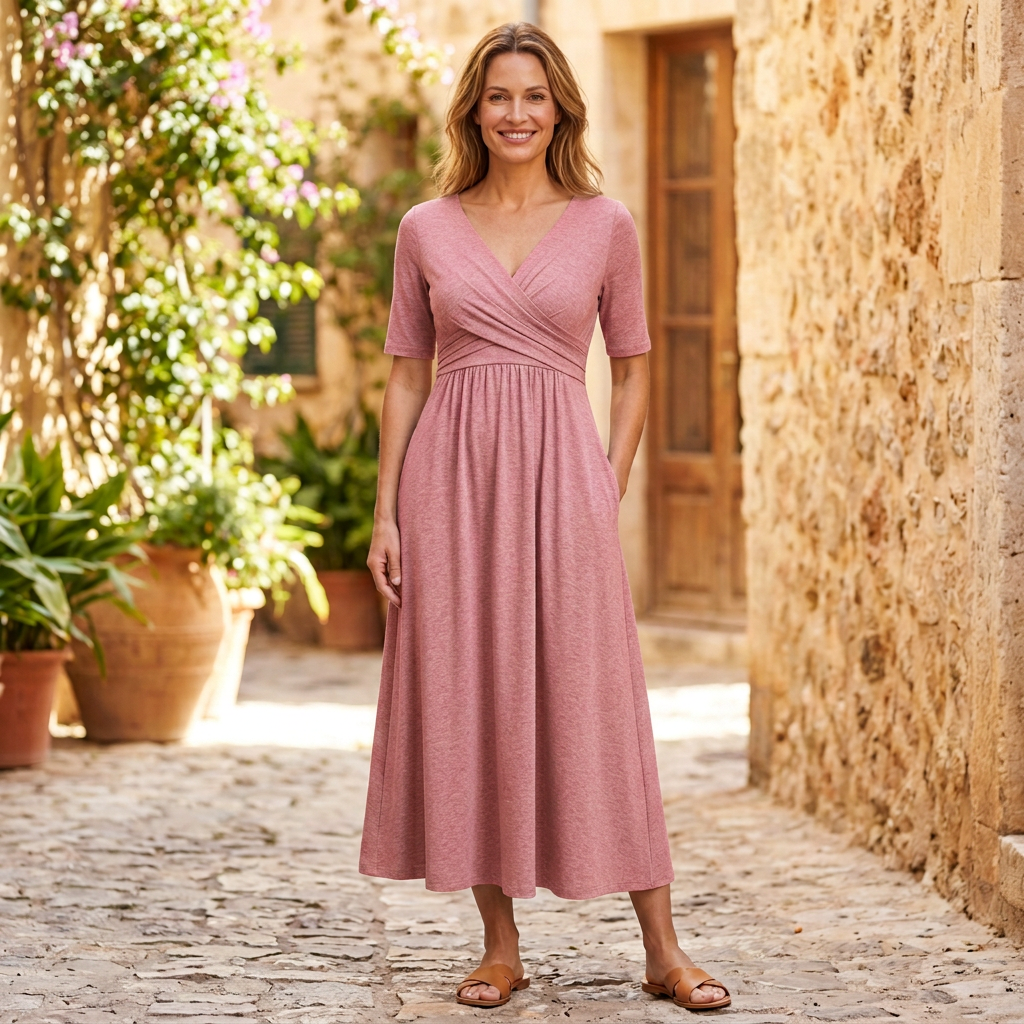 Women's Midi Dress | Crossover V-Neck Empire Waist Pink front view