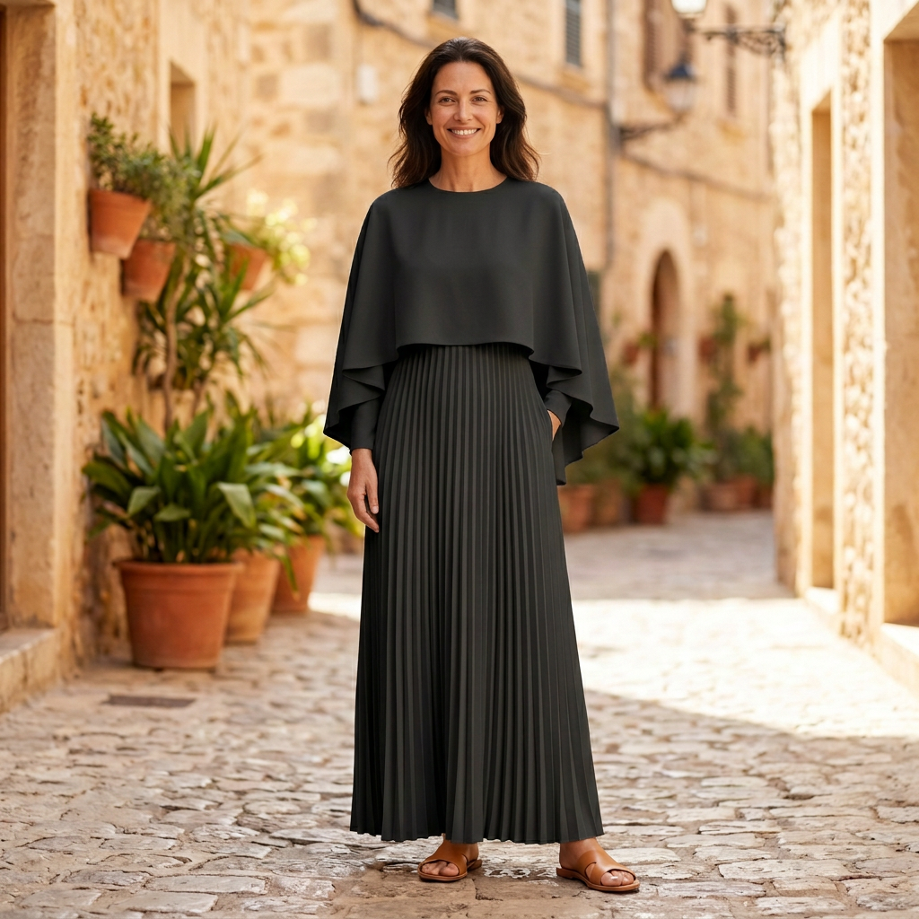Women's Maxi Dress | Pleated Cape Overlay Long Sleeve Black front view