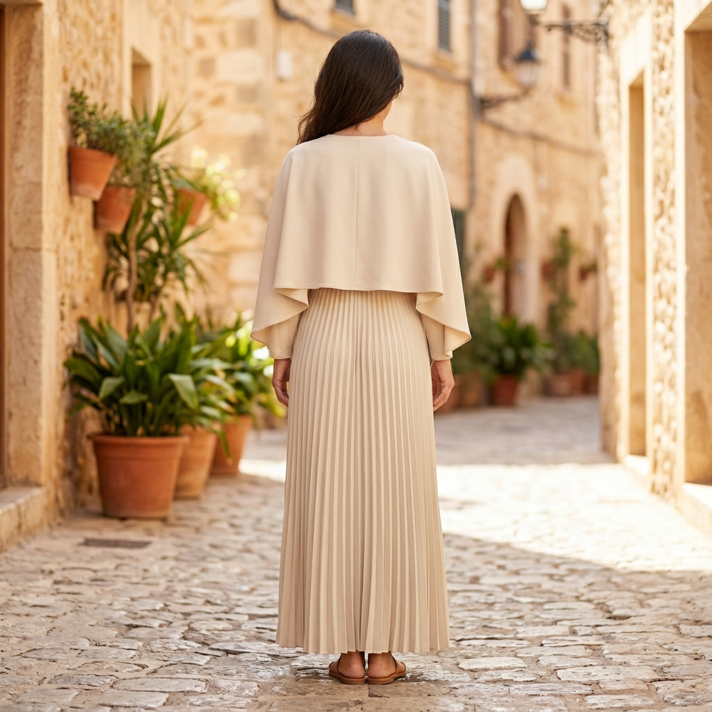 Women's Maxi Dress | Pleated Cape Overlay Long Sleeve Beige back view