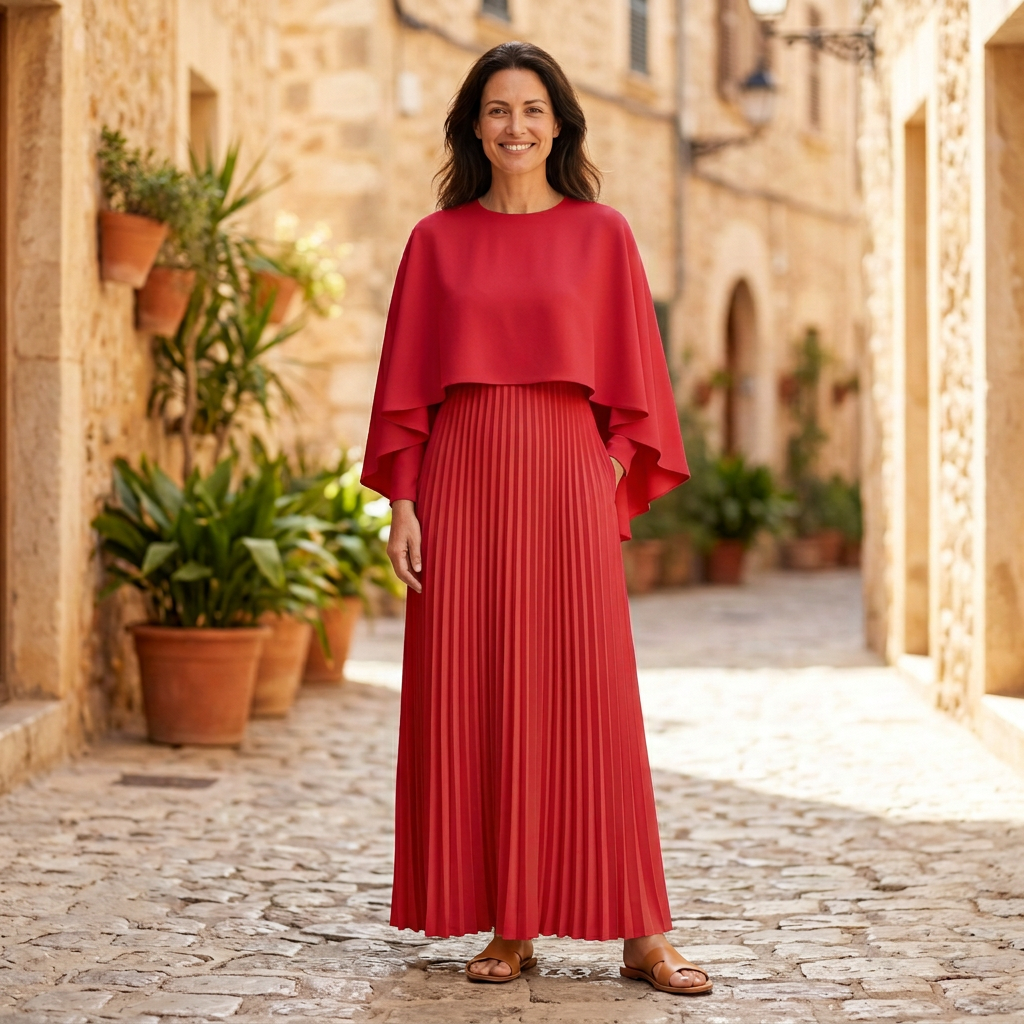 Women's Maxi Dress | Pleated Cape Overlay Long Sleeve Red front view