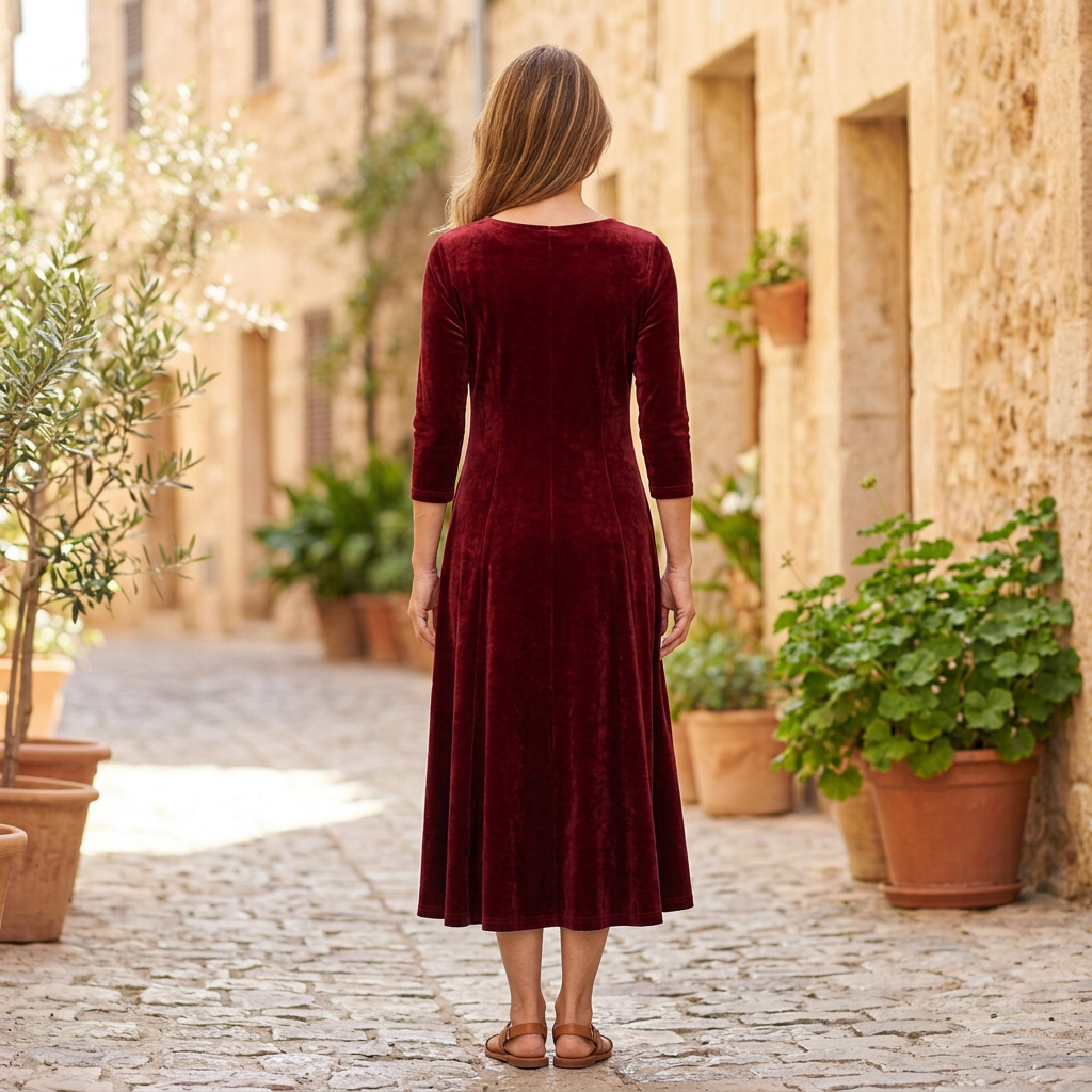 Women's Maxi Dresses | Velvet Long Sleeve A Line Scoop Neck Red back view