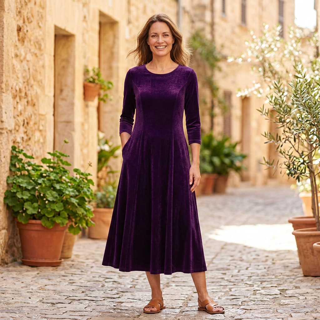 Women's Maxi Dresses | Velvet Long Sleeve A Line Scoop Neck Purple front view
