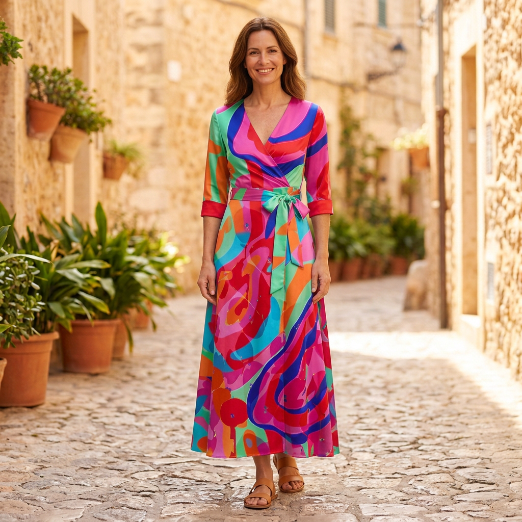 Women's Maxi Dress | Floral V-Neck Belted Wrap Multicolor front view