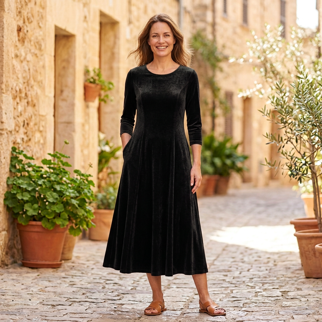 Women's Maxi Dresses | Velvet Long Sleeve A Line Scoop Neck Black front view