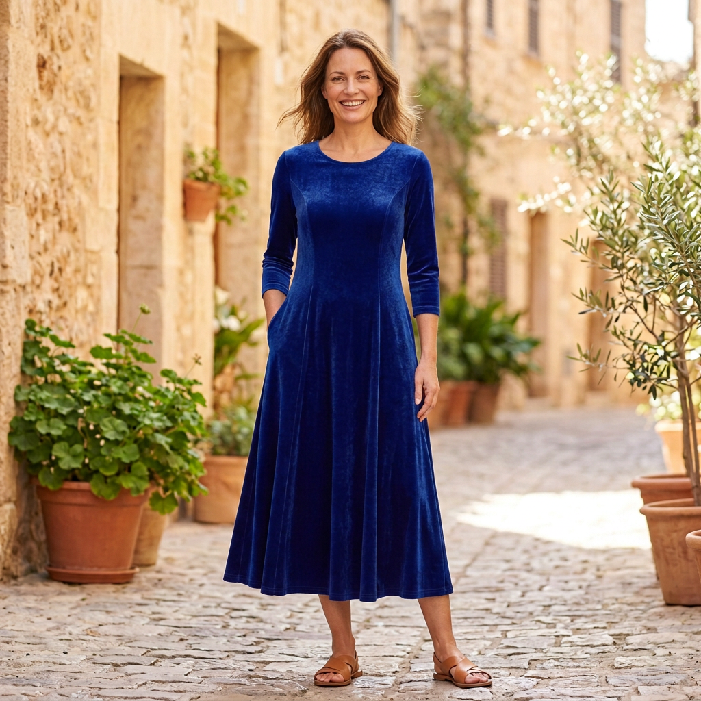 Women's Maxi Dresses | Velvet Long Sleeve A Line Scoop Neck Blue front view