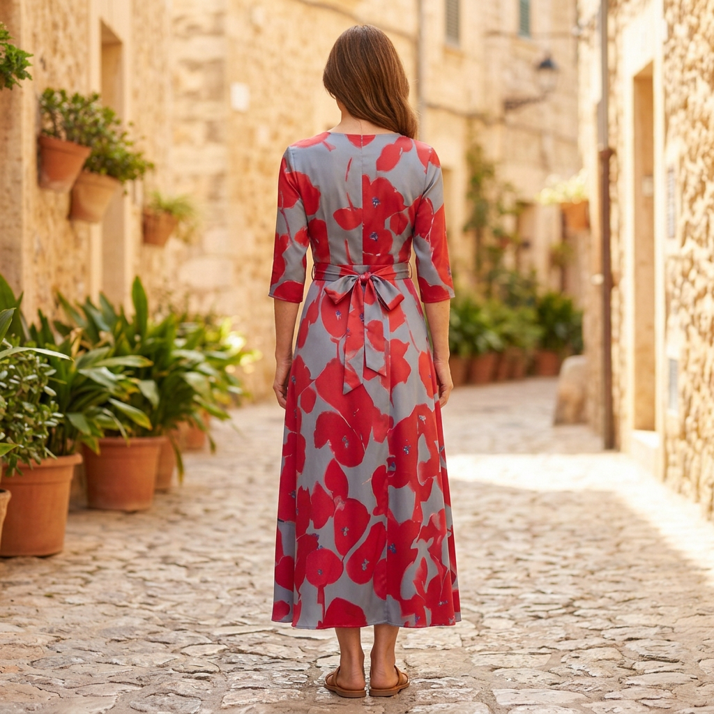 Women's Maxi Dress | Floral V-Neck Belted Wrap Red/Blue back view
