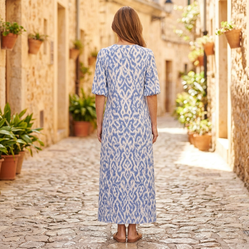 Women's Maxi Dresses | Boho Print V-Neck Flutter Sleeve Blue back view
