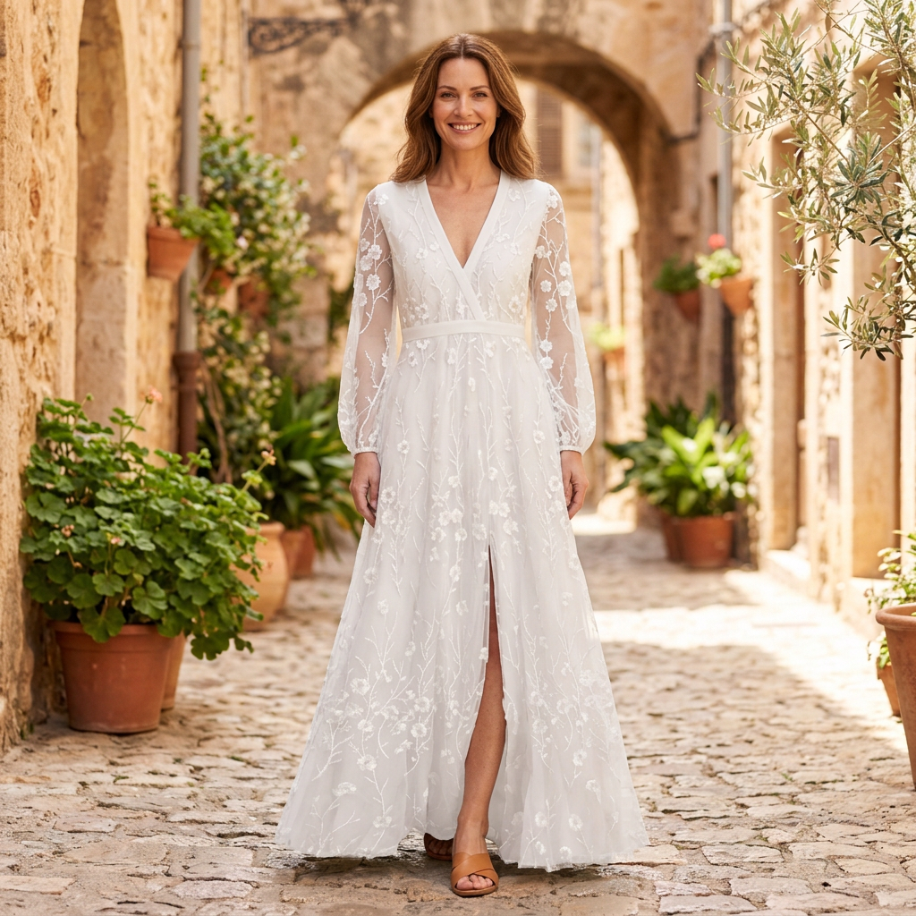 Women's Maxi Dress | Floral Kimono Sleeve V-Neck White front view