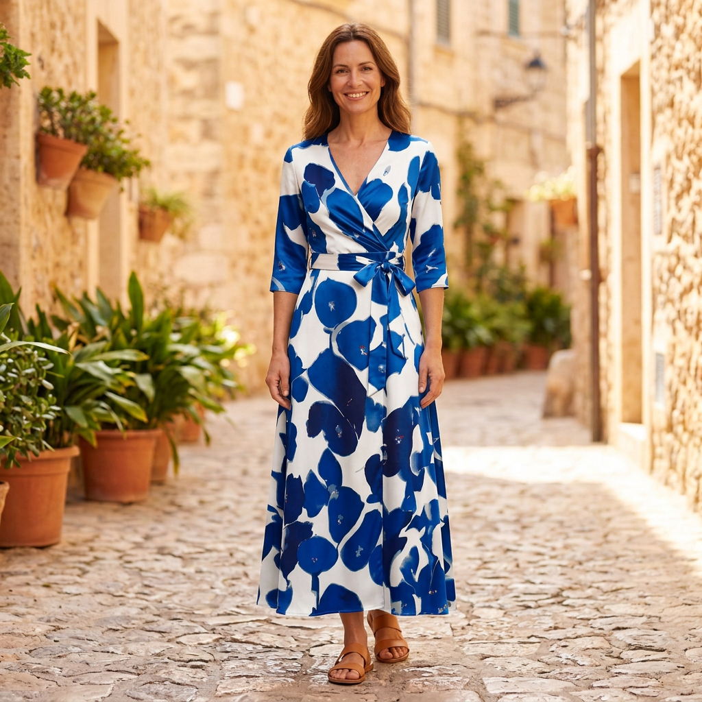 Women's Maxi Dress | Floral V-Neck Belted Wrap White/Blue front view