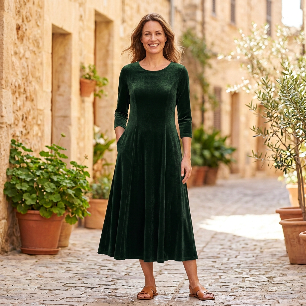 Women's Maxi Dresses | Velvet Long Sleeve A Line Scoop Neck Dark Green front view