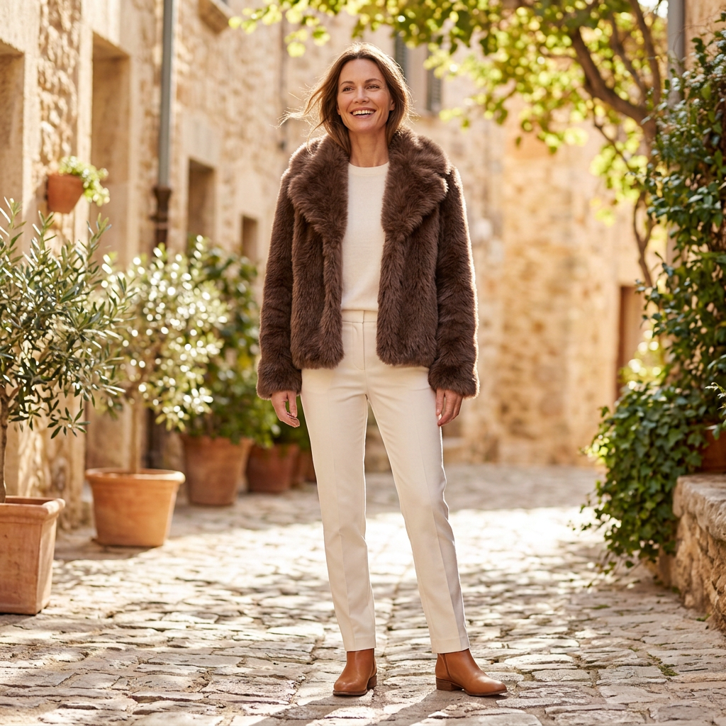 Women's Winter Jacket | Cropped Faux Fur Open Front Brown front view