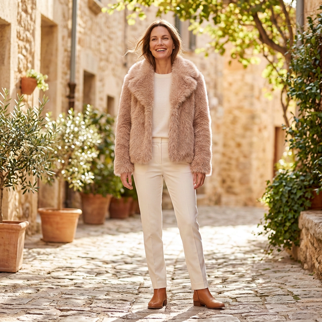 Women's Winter Jacket | Cropped Faux Fur Open Front Light Brown front view