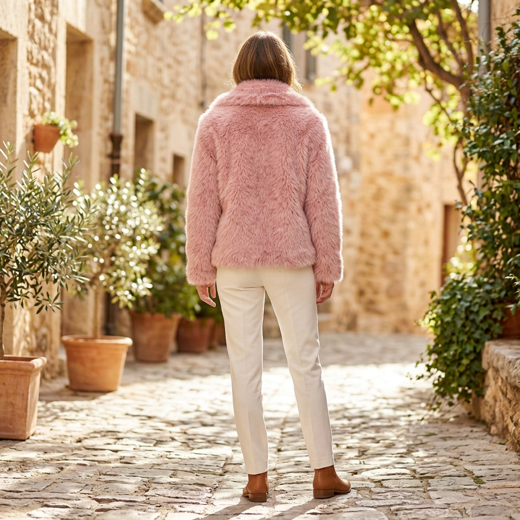 Women's Winter Jacket | Cropped Faux Fur Open Front Pink back view