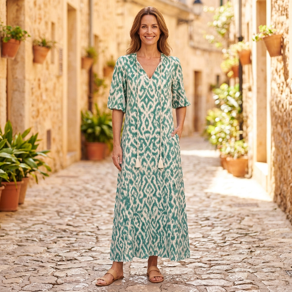 Women's Maxi Dresses | Boho Print V-Neck Flutter Sleeve Green front view