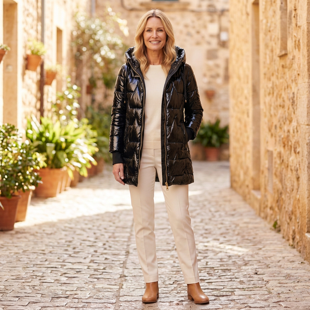 Women's Winter Jacket | Diamond Quilted Hooded Mid Thigh Black front view