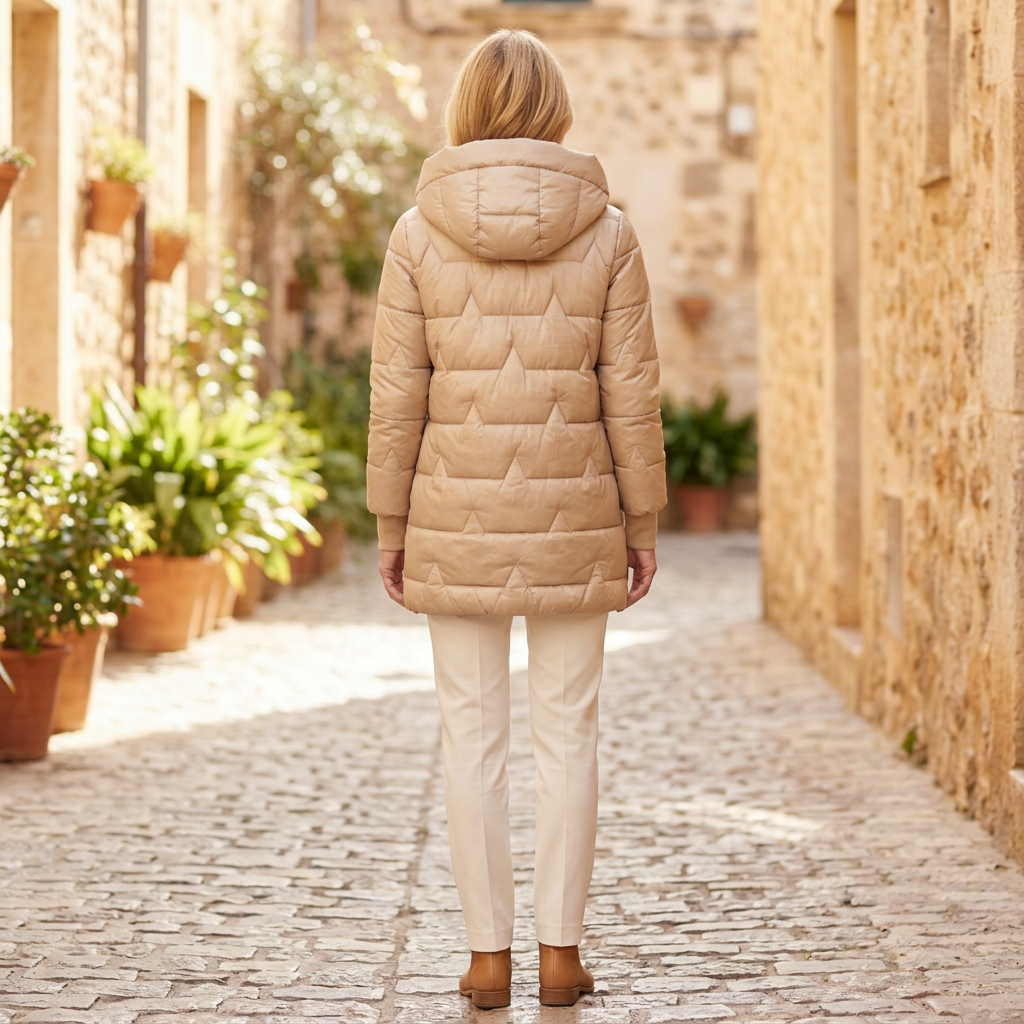 Women's Winter Jacket | Diamond Quilted Hooded Mid Thigh Beige back view