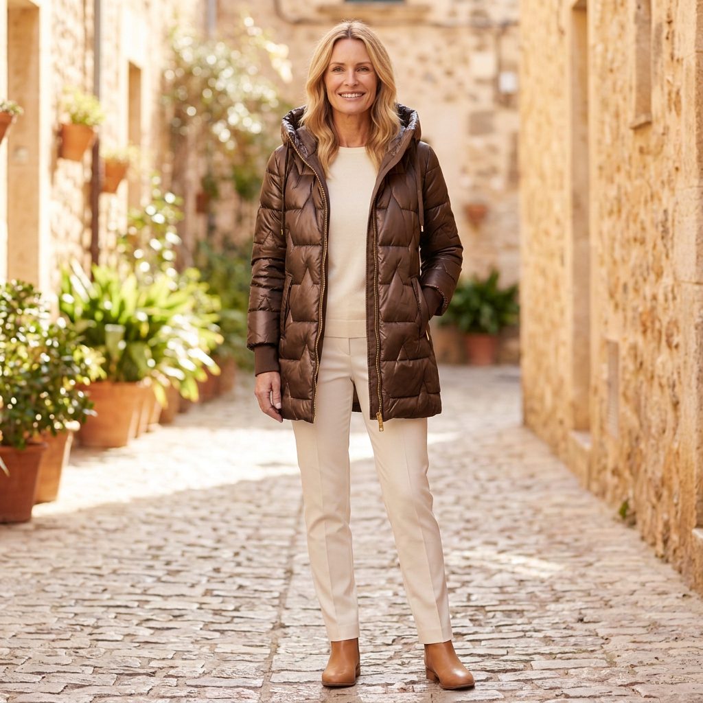 Women's Winter Jacket | Diamond Quilted Hooded Mid Thigh Brown front view