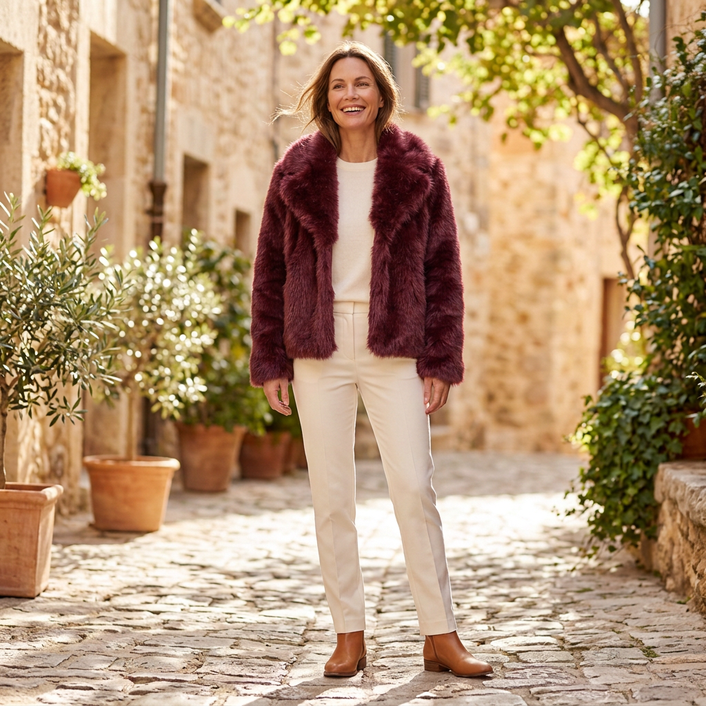 Women's Winter Jacket | Cropped Faux Fur Open Front Burgundy front view