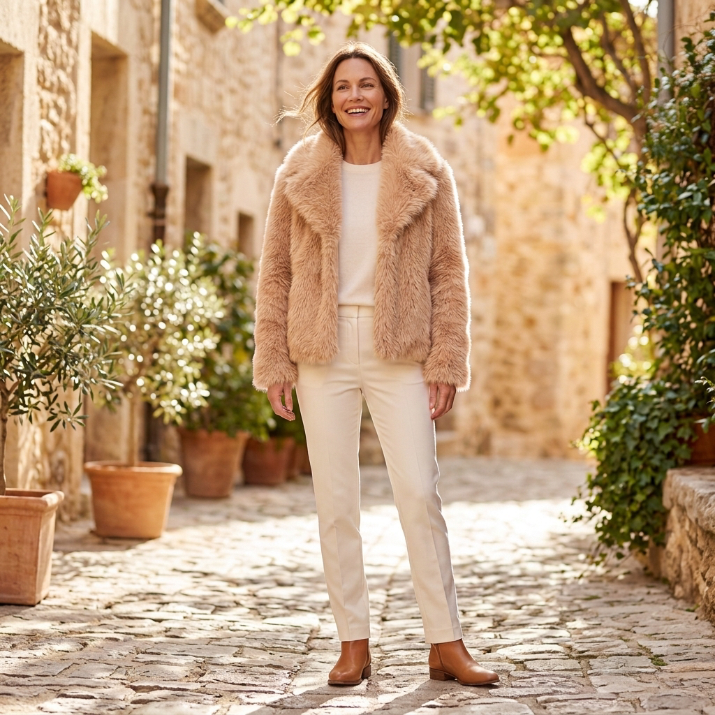 Women's Winter Jacket | Cropped Faux Fur Open Front Beige front view
