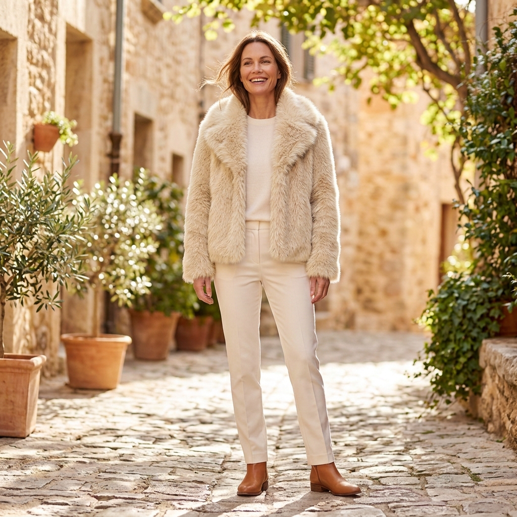 Women's Winter Jacket | Cropped Faux Fur Open Front Cream front view