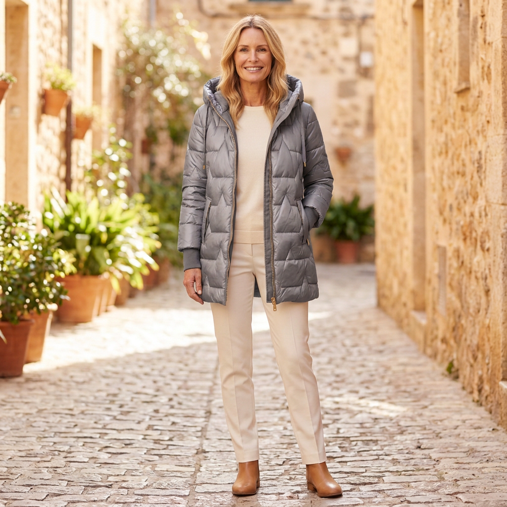 Women's Winter Jacket | Diamond Quilted Hooded Mid Thigh Gray front view
